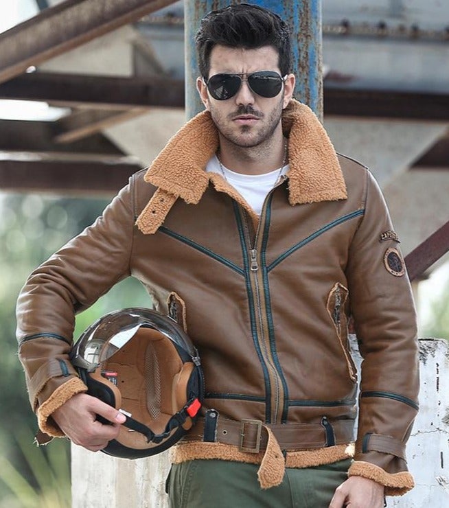 77City Killer leather wool Air Force Pilot Jacket - L, Brown